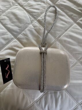 Nina Silver Metallic Evening Clutch with Rhinestone Wristlet